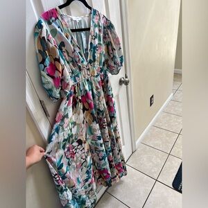 Colorful Floral Maxi Dress with V-Neck Boho Puff Sleeve